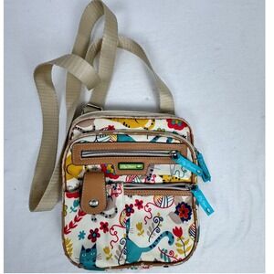 Lily Bloom Cat Nap Crossbody Bag Multi Color Whimsical Kitty Yarn Print Canvas